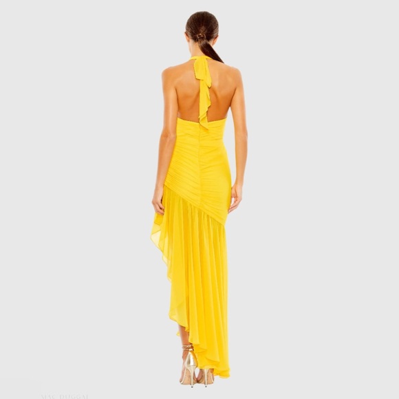leena For Mac Duggal Halter Dress Bright Yellow Ruched Size 4 17368 - Picture 3 of 6